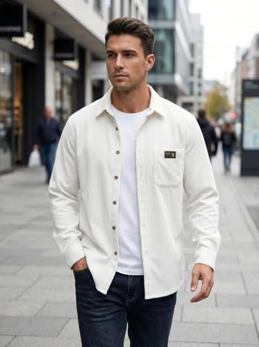 Image of IndoPrimo Men's Corduroy Shirt | Premium Ribbed Full Sleeve Casual Overshirt | Button-Down Solid Shirt with Chest Pocket | Regular Fit