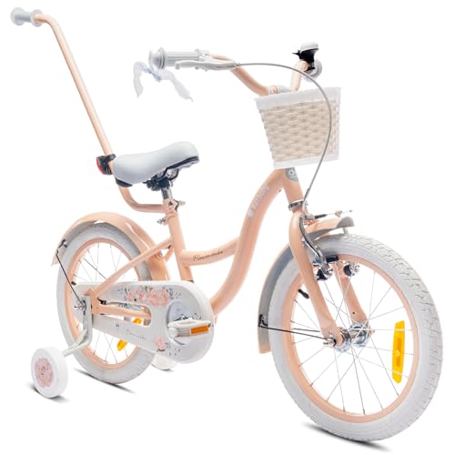 sun baby Flower Bike Kinderfahrrad für Mädchen 16 Zoll, ab 4 Jahre, mit Stützrädern, Abnehmbarer Schubstange, Korb, Klingel, Rücktrittbremse & V-Brake (Aprikose, 16 Zoll)