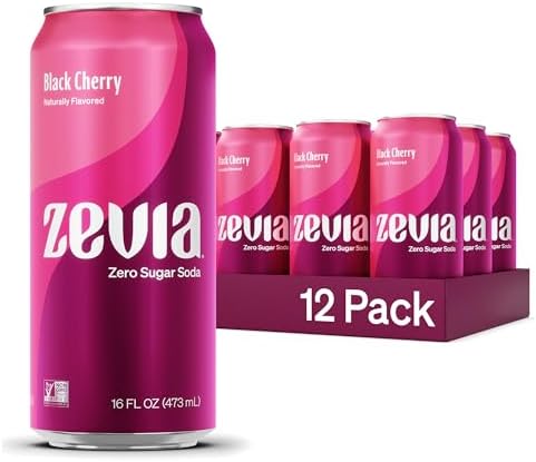 Zevia Zero Sugar Soda, Black Cherry, 16 oz Cans (12-Pack) – Naturally Sweetened, Non-GMO Project Verified, Gluten-Free, Vegan