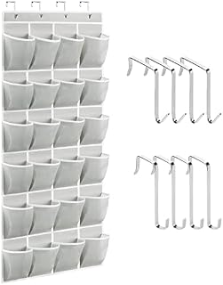 Sarsumir Hanging Shoe Storage Organizer, Over The Door Shoe Organiser, Hanging Shoe Rack Storage Bag with 24 Large Mesh Pockets & 2 Set Hangers for Kitchen Bedroom Wardrobe Door, Grey