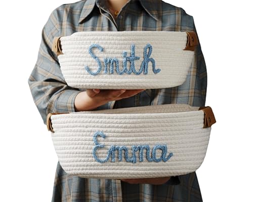 JUPPE Custom Baby Shower Basket, Personzlized Baby Name Basket, Toys and Storage Organizer Custom Baby Boy Girl Gift Cotton Rope Basket Nursery Decor Newborn Gifts (style 1), White