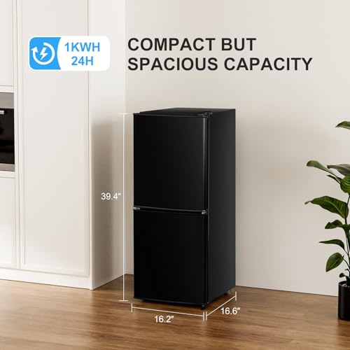 Image of Cucina Magica 4.2 Cu Ft Mini Fridge for Bedroom, 2 Door Small Fridge, 7 Level Thermostat, LED Light, Small Refrigerator for Bedroom, Office, Dorm - Black