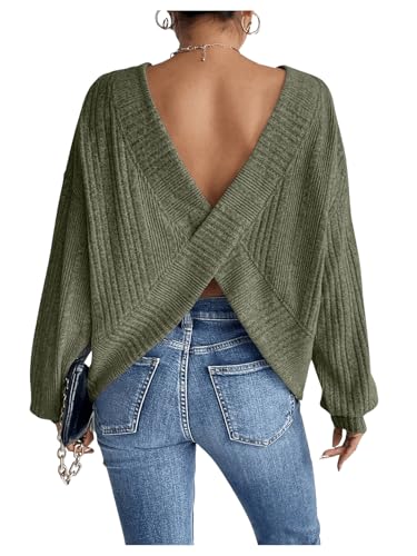 SweatyRocks Women's Criss Cross Round Neck Pullover Sweaters Long Sleeve Loose Cut Out Back Knit Tee Tops Backless Shirts
