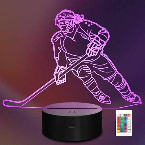 Lampeez Ice Hockey Player 3D Night Lights for Girls, LED 16 Colors Remote Control Changing Touch Dimmable Table Desk Lamp, Hockey Gifts for Female Hockey Players Sports Hockey Fans