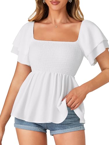 LYANER Women's Square Neck Smocked Peplum Top Ruffle Short Sleeve Babydoll Shirred Blouse White Large
