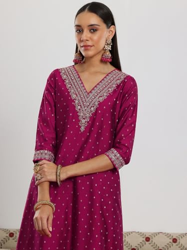 Image of Libas Woven Design Silk Blend A-Line Kurta With Trouser and Dupatta