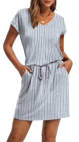 Image of OFEEFAN Summer Dresses for Women 2026 V Neck T Shirt Casual Mini Dresses Tie Waist Sundresses with Pockets