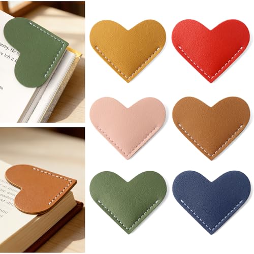 6 Pcs Cute Leather Heart Bookmarks, Book Marks for Reading Women Teachers Book Lovers Kids Students Book Accessories, Bookish Gifts for Women Friends Girls Office, Stocking Stuffers for Women Readers