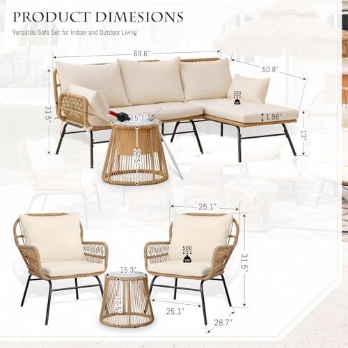 BULEXYARD 6 Pcs Boho Outdoor Patio Furniture Sets, L Shaped Natural Color Wicker Conversation Sectional Sofa w/Cozy Beige Cushion & Ice Bucket, Outdoor Chairs w/Coffee Table for Backyard Porch Deck