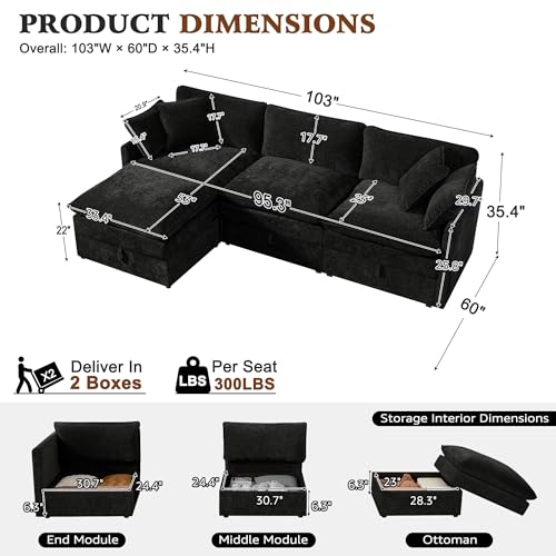 Image of Ihanherry 103 inch Modular Sectional Sofa with Storage, L Shaped Cloud Couch with Movable Ottomans & 4 Pillows, Chenille Deep Seat Sectional Couches for Living Room, Apartment (Black)