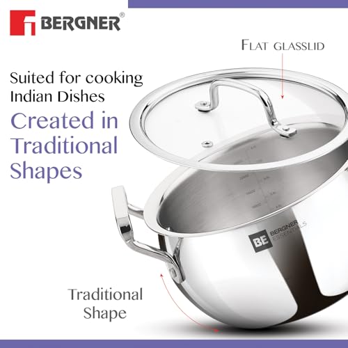 Image of Bergner BE Essentials TriPly Stainless Steel Rice Handi 28cm (9.5L), Biryani Handi with Glass Lid, Ergonomic Handle with Excellent Grip, Less Oil Use, Healthy Cooking - Induction and Gas Stove Ready