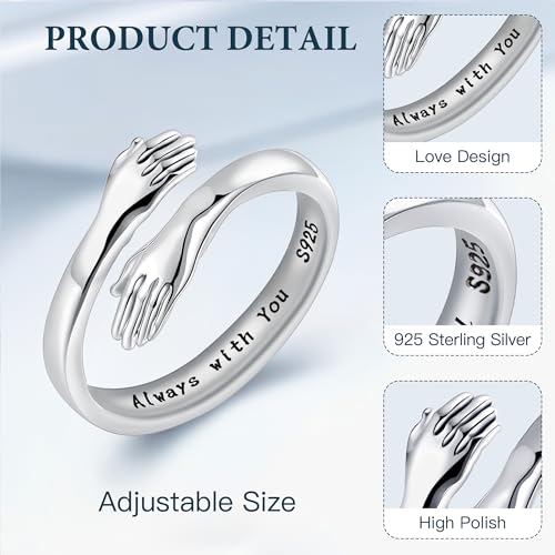 LOVECOM S925 Sterling Silver Hug Rings for Women Adjustable Hugging Hands Open Ring for Men Promise Rings Jewelry Birthday Mothers Day Gifts for Dad Mom Wife Daughters Grandma Best Friend2