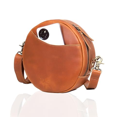 Leather Crossbody Bags for Women Trendy Circle Cross Body Shoulder Bag Designer Round Purses (Tan)2