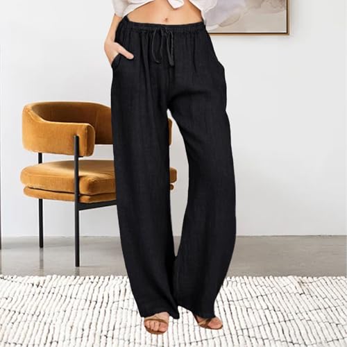Womens Linen Summer Pants Trendy Casual High Waist Drawstring Loose Fit Lightweight Long Palazzo Gauze Pants3
