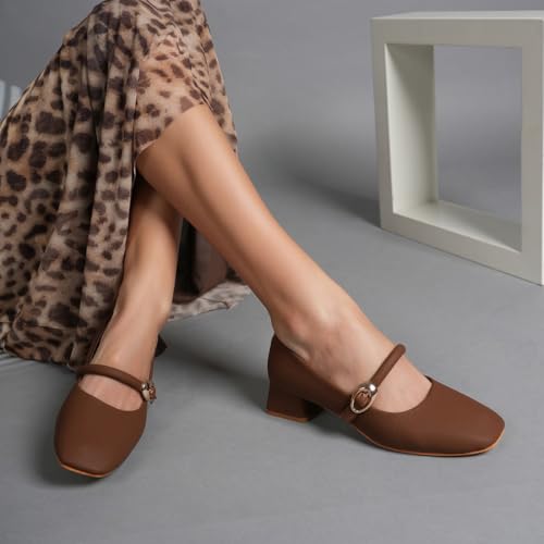 Image of DROP BOLD Khaki Square Toe Mary Jane Block Heel Show For Women & Girls