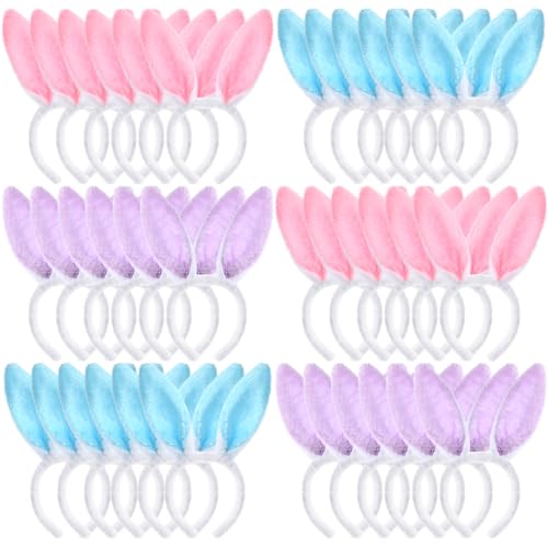 XunYee 36 Pcs Easter Bunny Ears Headbands Cute Plush Rabbit Ears Hairbands Bunny Headbands for Women Easter Party Pink Blue Purple(36 Pcs)