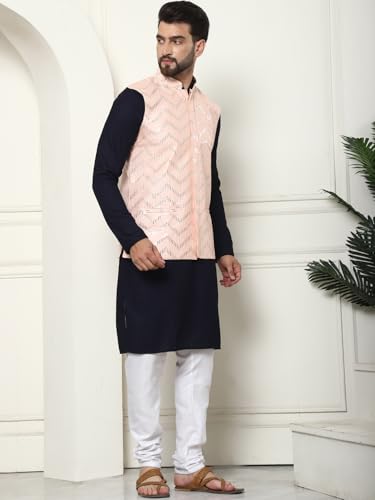Image of SOJANYA (Since 1958 Men's Cotton Linen Maroon Kurta and White Pyjama with Mustard Cotton Nehru Jacket