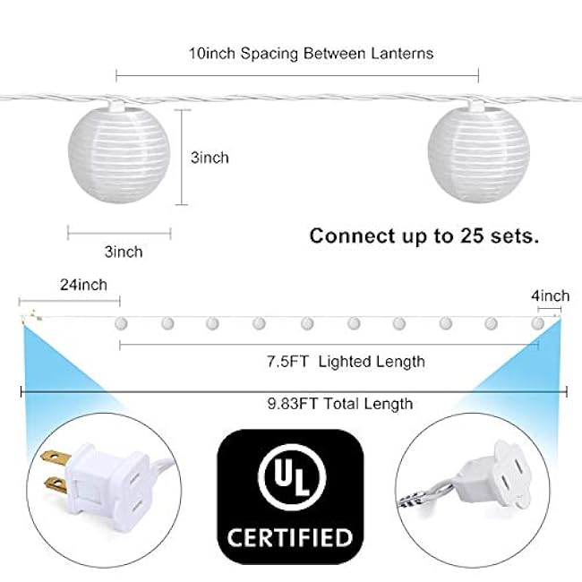 Lantern String Lights Plug in, Outdoor White Lights String 9.83FT Pack of 10 Nylon Lantern String Lights for Patio,White Lights String for Bedroom(Lanterns Need Simple Assembly)