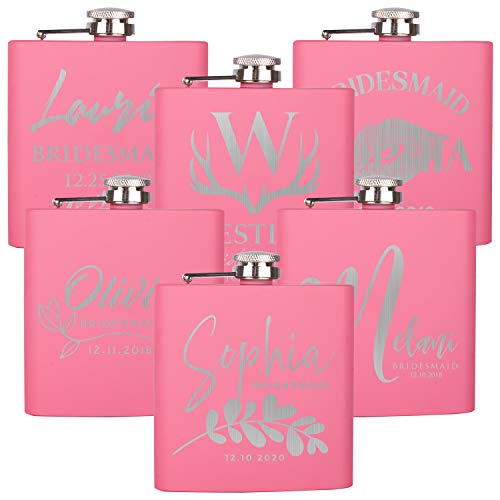Be Burgundy Set of 6 Personalized Bridal Party Gifts, 6 oz Stainless Steel Hip Flasks, Pink, Perfect for Wedding Favors