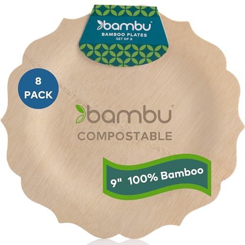 Bambu Pack of 8-9 Inch Disposable Bamboo Plates Fancy, Biodegradable Eco Friendly Products, Bamboo Disposable Plates for Party, Weddings, and Events, Great For Any Occasion, Compostable Plates
