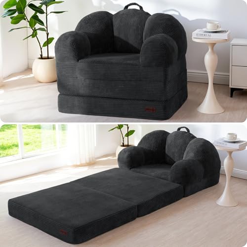 Image of MAXYOYO Folding Sofa Bed, Floral-Shaped Convertible Floor Sofa Couch with Backrest, 2 in 1 Comfy Lounger Bean Bag Chair with Handle, Floor Single Couch for Living Room Bedroom, Black