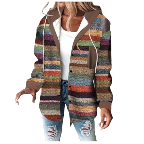 Womens Plaid Shacket Long Sleeve Button Down Hooded Shirts Casual Buffalo Plaid Hoodie Loose Fit Winter Coat Outwear