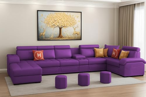 Image of Casaliving Emerson Modern U-Shaped Sectional Sofa Set 9 Seater, Sofa Couch with 3 Puffy for Hall (Purple Colour) Premium Leatherette Fabric Sofa