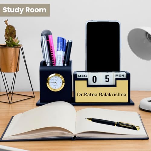 Image of Giftana Personalized Desk Organizer with Notebook Diary Pen with Name, Customized Employee Welcome Kit, Personalised Gift for Doctors, 3 in 1 Customised Diwali Corporate Gift Set for Employee (Black,Golden)