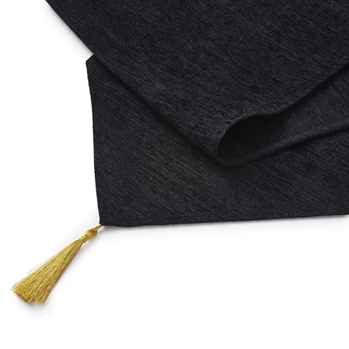 Image of Encasa XO Fine Chenille Table Runner for Dining with V-End and Tassels, 4 Seater Size 32x150 cm - Black | Decorative Cloth for Party, Wedding, Home, Cafes, Restaurants & Hotels
