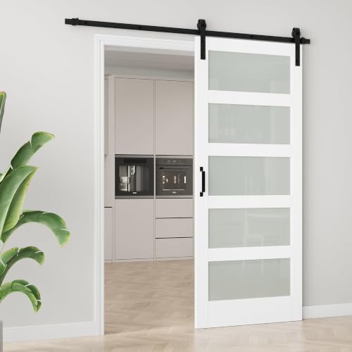 Image of 36 inchx84 inch Frosted Glass Barn Door with 6.6FT Sliding Hardware & Handle, White
