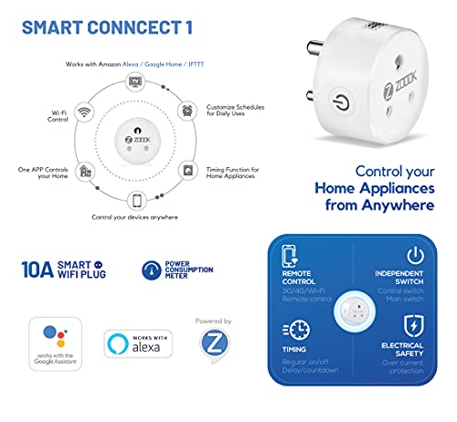 Image of Zoook Smart Connect 10A Wi-Fi Smart Plug with Power Meter, for Low Power Appliances (Type D) Compatible with Alexa & Google Assistant (No hub Required)