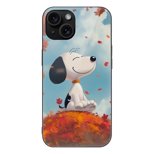 Booaee iPhone 15 用 ケース スヌーピー ガラス TPU 肌触り 指紋防止 クリエイティブパターン 傷防止 落下防止 耐久性のある