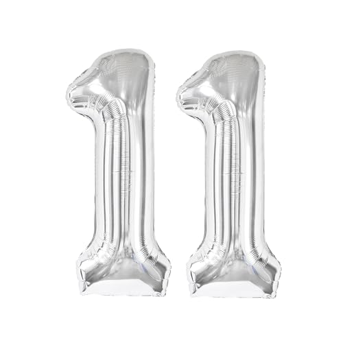 Image of Silver Number 11 Balloon 40 inch, 11 Number Balloons, 11th Silver Birthday Decorations, 11 Year Old Silver Party Supplies