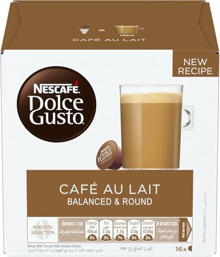 Image of NESCAFE Dolce Gusto Cafe Au Lait Coffee Capsules - 16 Pods (160g) Box Each - Smooth Milk Coffee with Balanced & Round Flavor, Robusta Blend, Cafe-Style Drink, Compatible with Dolce Gusto Machines, By Cougar - (IMPORTED-UK)