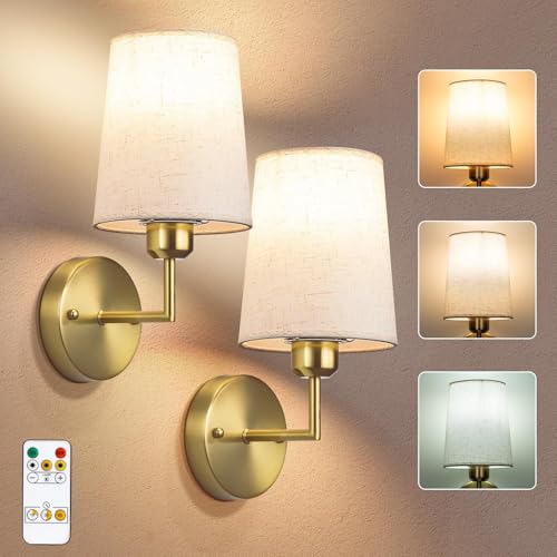 2 Piezas LED Aplique de pared Interior con Mando a distancia, Lámpara de pared Vintage con Bombilla Recargable 2500mAh, 5W 3 Colores Regulable Tela E27 Apliques para Salón Dormitorio Cama,Oro