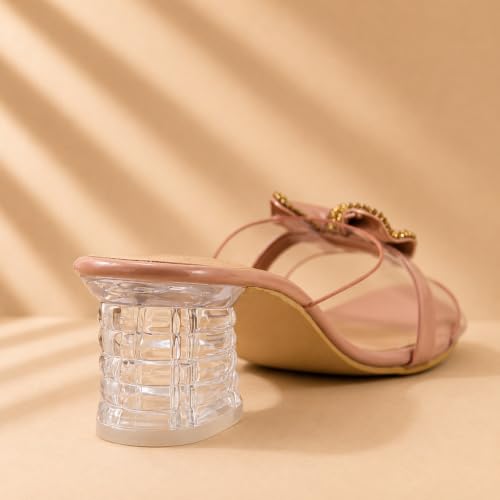 Image of Women's Transparent Block Heel Sandals with Rhinestone Bow, Clear Strap Slip-On Party Heels for Women