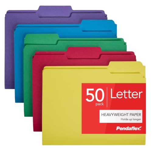 Pendaflex Heavy Duty File Folders, 50 Pack, Letter Size (8.5" x 11"), 3 Tabs, Extra Durable Paper, 5 Assorted Colors, Color-Coding for School, Office & Home Document Organization