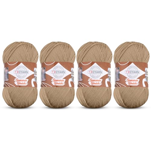 Troyarn Summer Stretch Acrylic Yarn for Crocheting - 4 Skeins of Beige Yarn Made from 100% Elastic Microfiber Acrylic for Knitting, 100gr 438 yds (114368 - Light Beige)