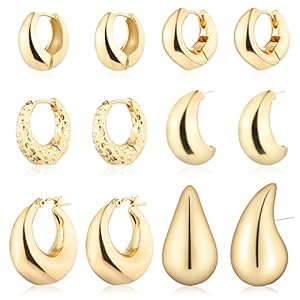 Wgoud 6 Pairs Gold Hoop Earrings Set for Women, 14K Gold Plated Hypoallergenic Lightweight Chunky Open Huggie Hoops Earrings Jewelry for Gift.
