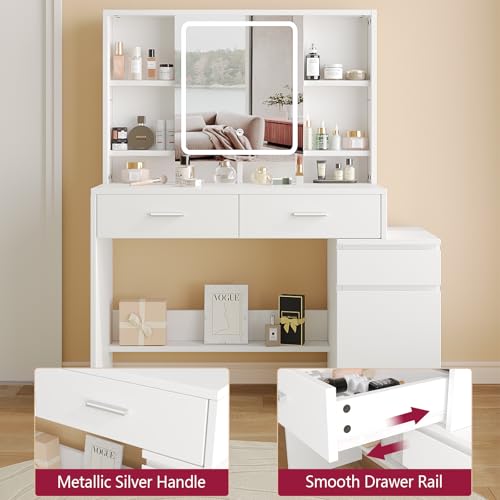 Airfish Tocador Grande, 140x40x100 CM Gran Tocador de Maquillaje con Luces LED, Brillo Ajustable, Mesa de Maquillaje con Espejo y Compartimentos Abiertos, 2 Cajones y 1 Armario, Blanco - imagen 3