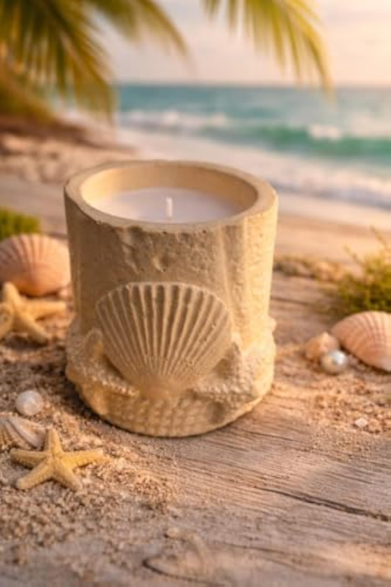 Sand Textured Candle with Seashell Design, Pack of 3