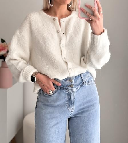 UAURORAO Womens Button Down Cardigan Sweater Y2k Long Sleeve Open Front Knit Crop Top Crewneck Knitted Jackets2
