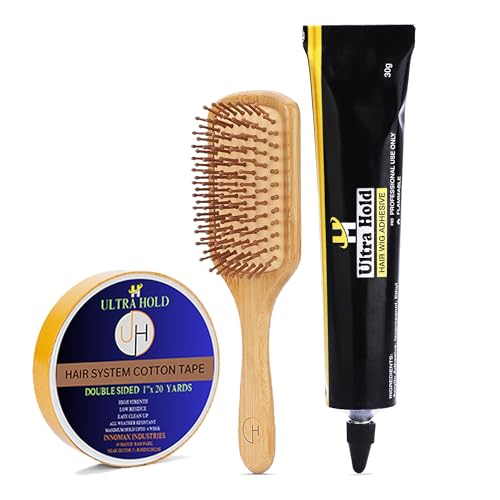 UltraHold Starter Kit – Waterproof Wig Glue Tube (30g), Cotton Hair Patch Tape (20m) & Wooden Paddle Hair Brush | Strong Hold Adhesive, Durable Tape & Detangling Comb for Hair Patch & Wig Care