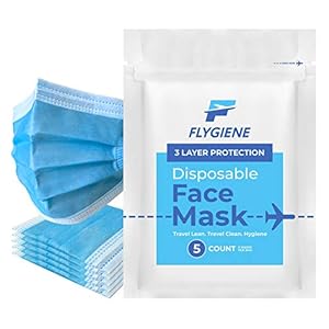 FLYGIENE Travel Size Face Mask | 5 Count | Breathable Travel Face Mask 3 Ply Blue Disposable Face Mask for Adults | TSA Approved Air Travel Mask for Airplane Travel | Blue | 5 Count (1 Pack of 5)