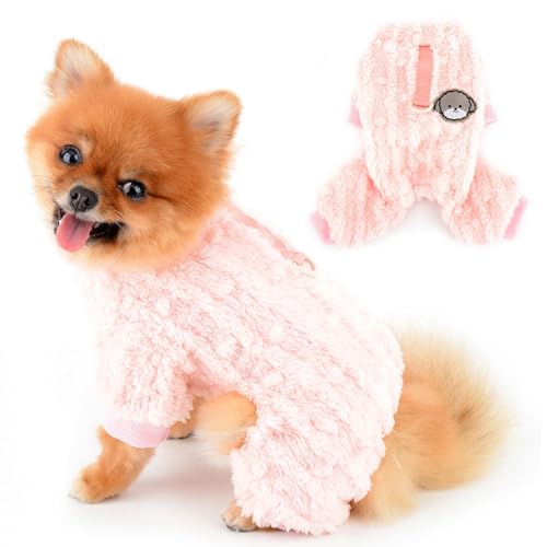PAIDEFUL ペット服 小型犬服 犬 服 秋 冬 つなぎ ふわふわ カバーオール 犬用4脚パジャマ 犬のプルオーバー 防寒コート 暖かい 犬猫洋服 脱毛保護 人気 普段着 チワワ服 Dリング, ピンク, M