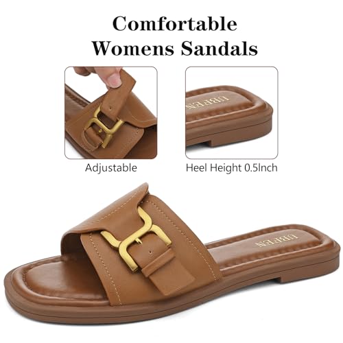 Image of UBFEN Womens Square Toe Flat Sandals Slides Dressy Comfortable for Beach