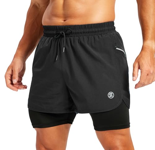 Image of Men's 2-in-1 Running Shorts with Side Pockets, Zippered Compression Lining, Moisture-Wicking - Suitable for Sports, Fitness, and Everyday wear Black L