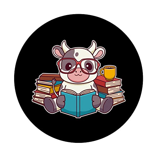 Cute Kawaii Cow Reading A Book - Bookworm PopSockets Swappable PopGrip, Black - Image 3