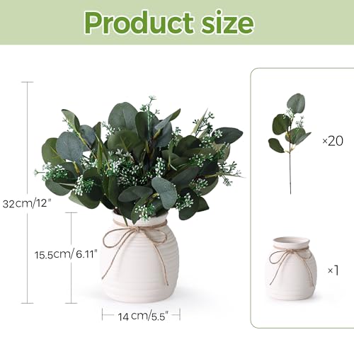 Artificial Eucalyptus in Vase, Fake plants for home decor, Ceramic White Vase with Greenery, Faux Decorative Plants, 20pcs Indoor Fake Eucalyptus Stems for Centerpiece Farmhouse Mantle Decor - Image 4