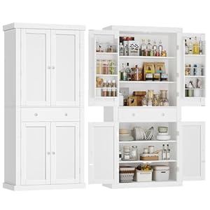 usikey 72” Pantry Cabinet, Tall Kitchen Storage Cabinet with 4 Doors and 1 Drawer, Cupboard with 6 Hanging Shelves and Adjustable Shelves for Kitchen, Dining Room, Living Room, White